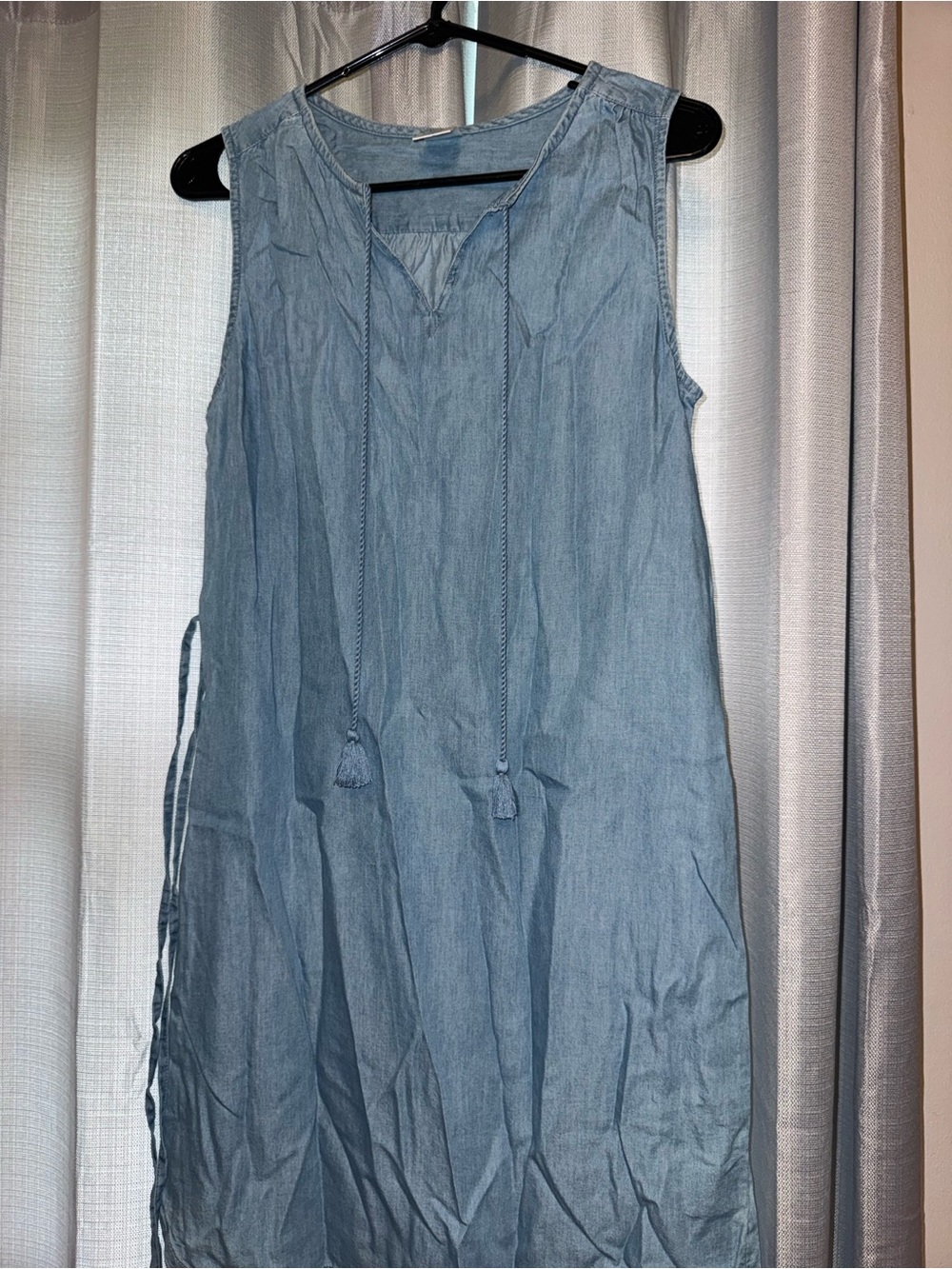 Time and Tru Sleeveless Chambray Dress in Light Blue with Tassel Ties